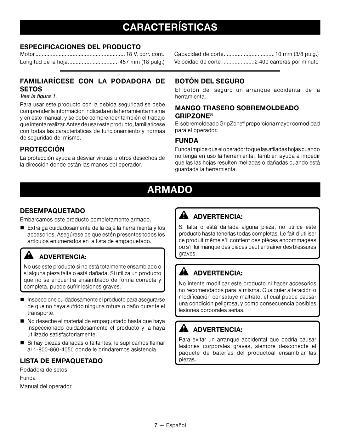 Ryobi P2603 manuel dutilisation Características, Armado 