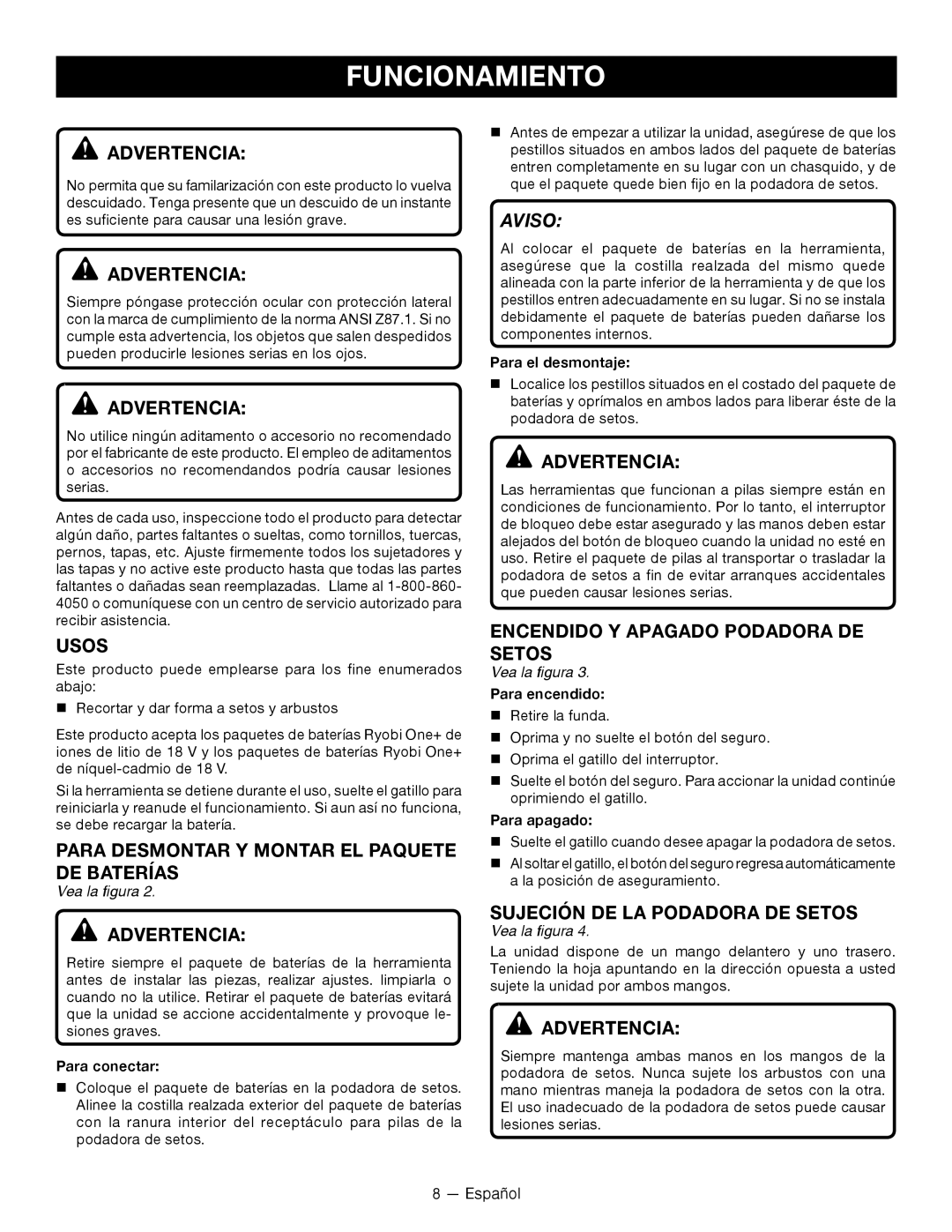 Ryobi P2603 Funcionamiento, Usos, Para Desmontar Y Montar EL Paquete DE Baterías, Encendido y Apagado Podadora DE Setos 