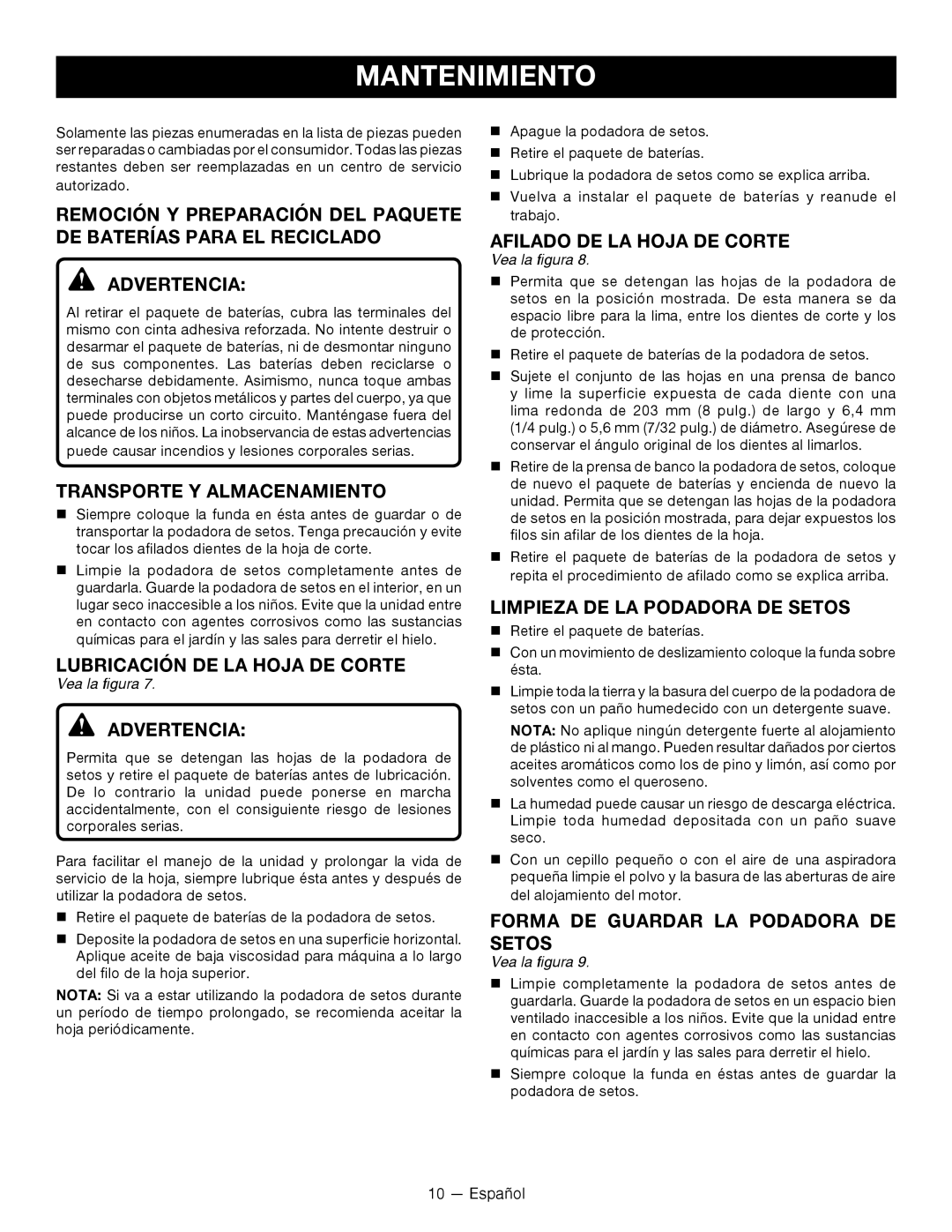 Ryobi P2603 manuel dutilisation Transporte Y Almacenamiento, Lubricación DE LA Hoja DE Corte, Afilado DE LA Hoja DE Corte 