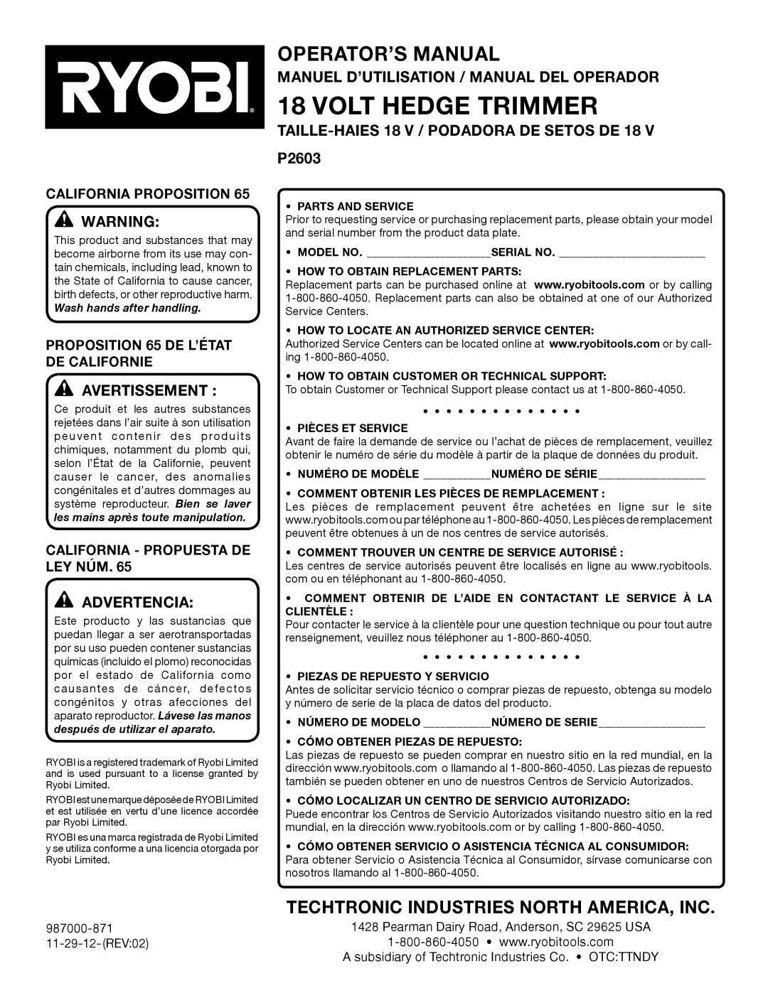 Ryobi Manuel D’UTILISATION / Manual DEL Operador, TAILLE-HAIES 18 V / Podadora de setos de 18 V P2603 