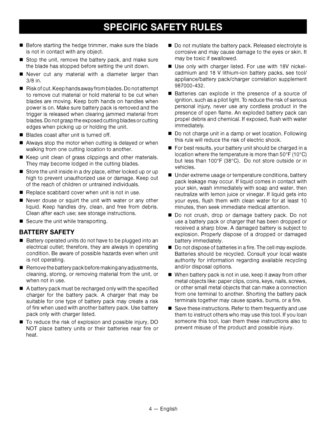 Ryobi P2603 manuel dutilisation Specific Safety Rules, Battery Safety 