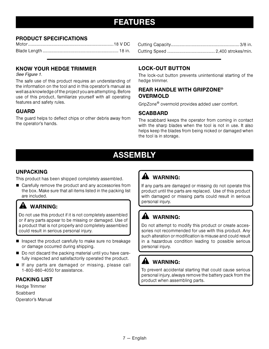 Ryobi P2603 manuel dutilisation Features, Assembly 