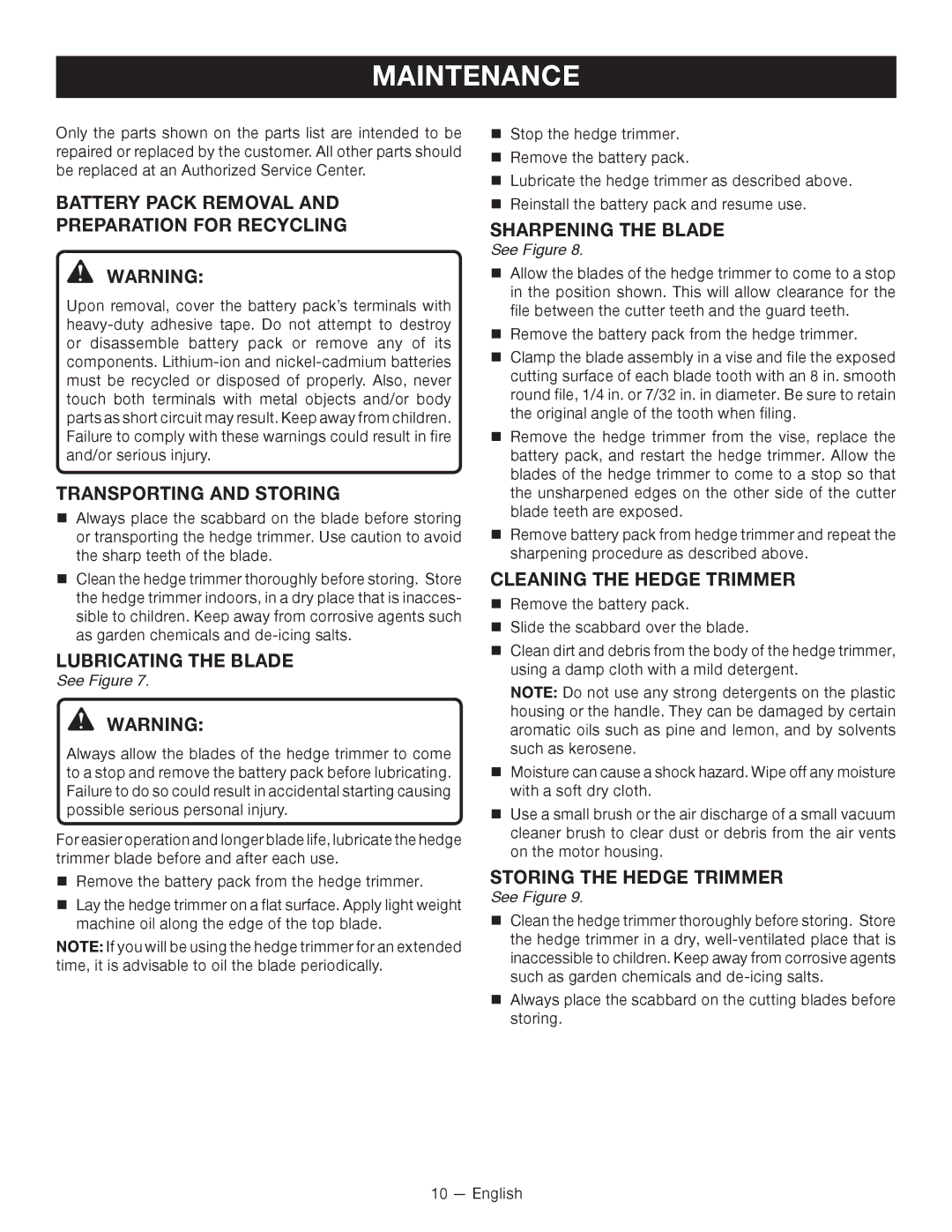 Ryobi P2603 Battery Pack Removal Preparation for Recycling, Transporting and Storing, Lubricating the Blade 