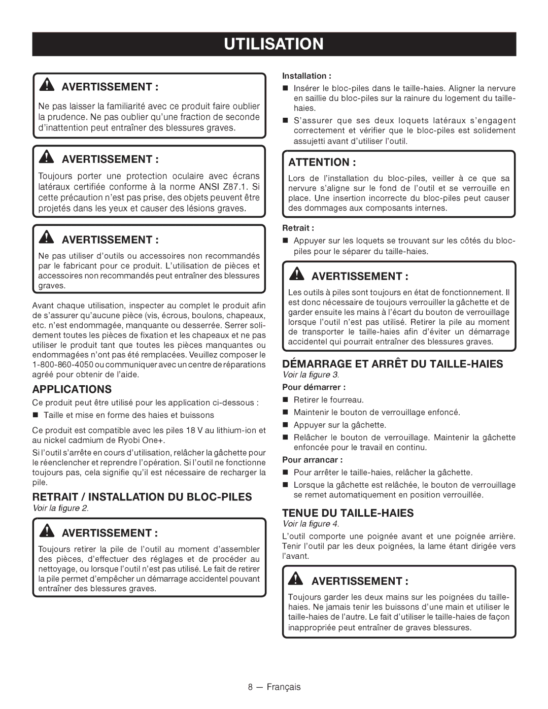 Ryobi P2603 Utilisation, Retrait / Installation DU Bloc-piles, Avertissement, Démarrage et Arrêt DU TAILLE-HAIES 