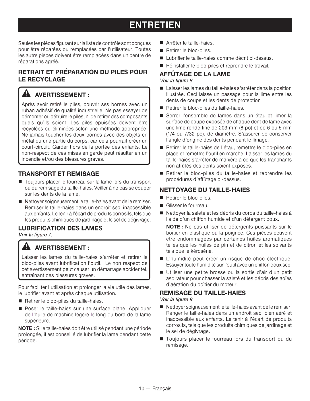 Ryobi P2603 Transport ET Remisage, Lubrification DES Lames, Affûtage DE LA Lame, Nettoyage DU TAILLE-HAIES 