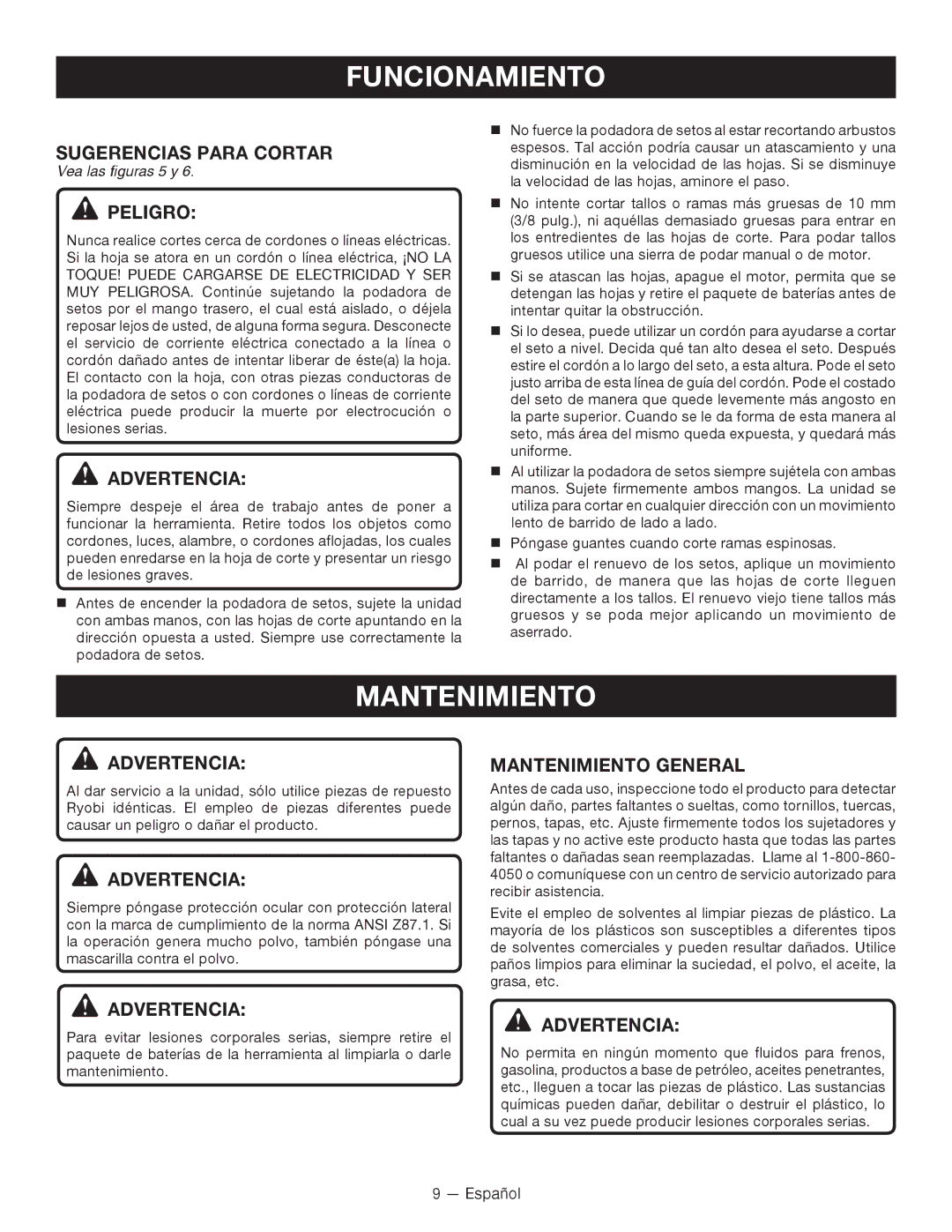 Ryobi P2603 manuel dutilisation Sugerencias para cortar, Mantenimiento General, Vea las figuras 5 y 