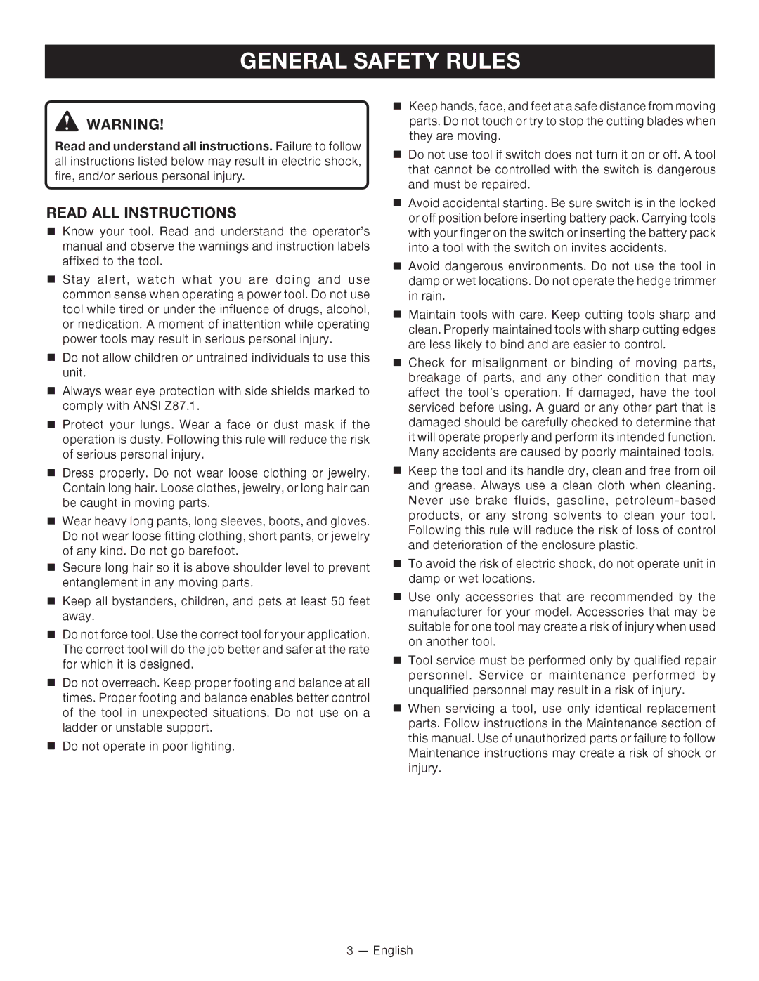 Ryobi P2603 manuel dutilisation General Safety Rules, Read ALL Instructions 