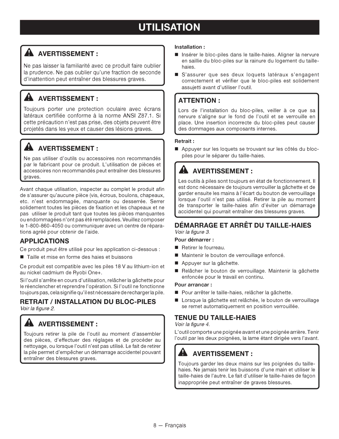 Ryobi P2605 Utilisation, Retrait / Installation DU BLOC-PILES, Avertissement, Démarrage ET Arrêt DU TAILLE-HAIES 