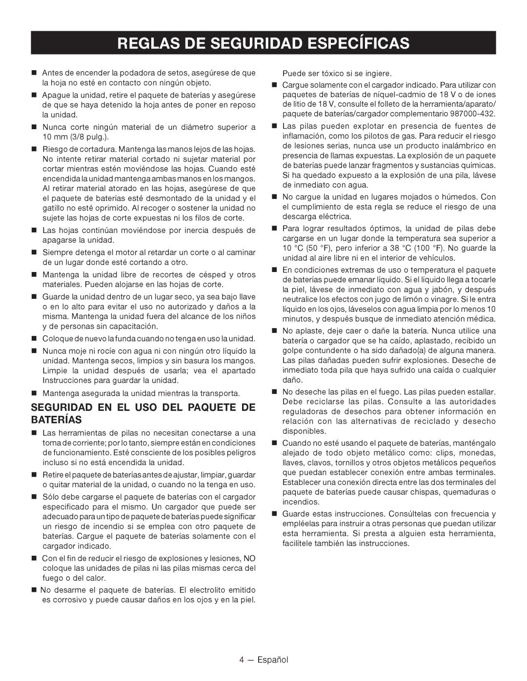 Ryobi P2605 manuel dutilisation Reglas DE Seguridad Específicas, Seguridad EN EL USO DEL Paquete DE Baterías 