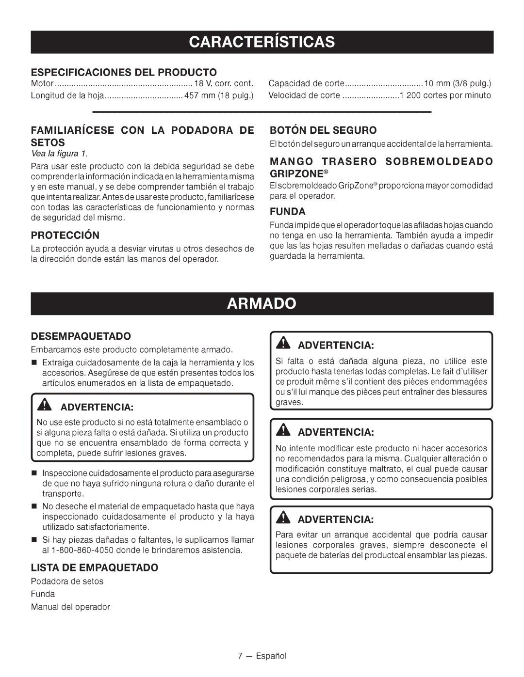 Ryobi P2605 manuel dutilisation Características, Armado 