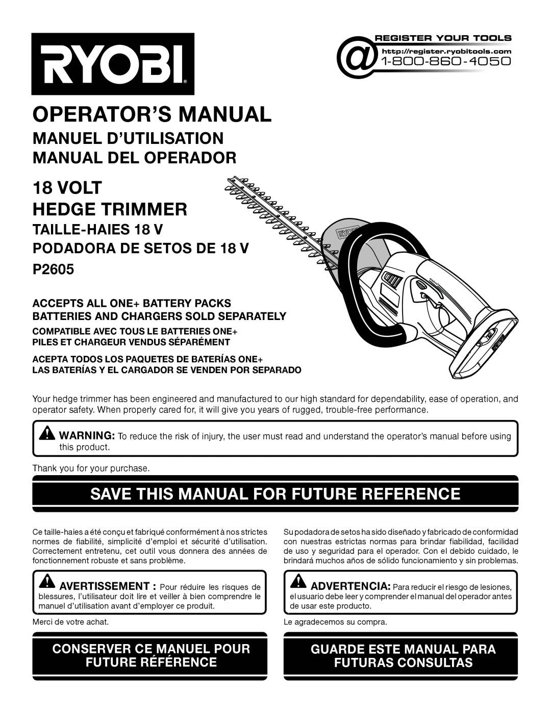 Ryobi P2605 manuel dutilisation Volt Hedge Trimmer, Save This Manual For Future Reference, Operator’S Manual 