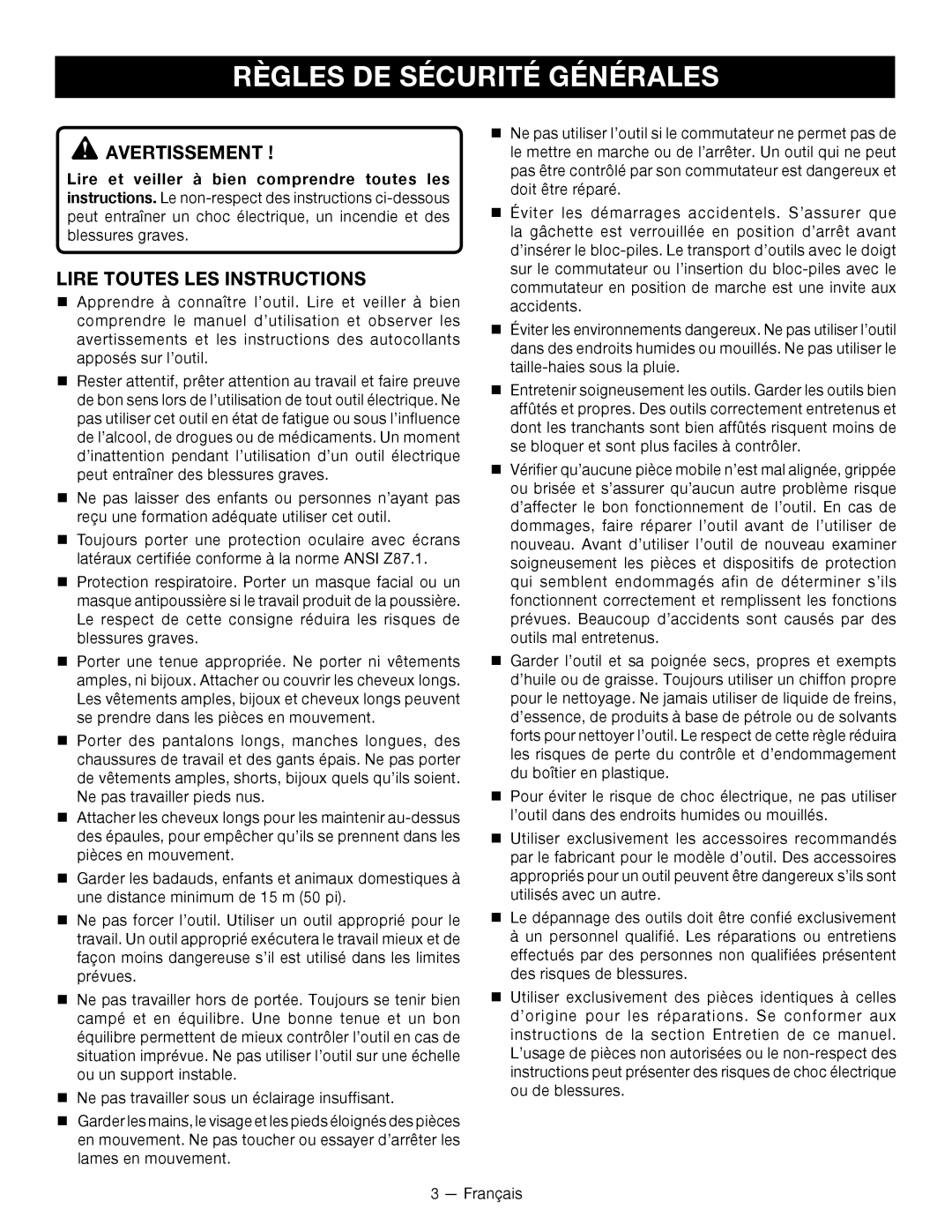 Ryobi P2605 manuel dutilisation Règles De Sécurité Générales, Avertissement , Lire Toutes Les Instructions 