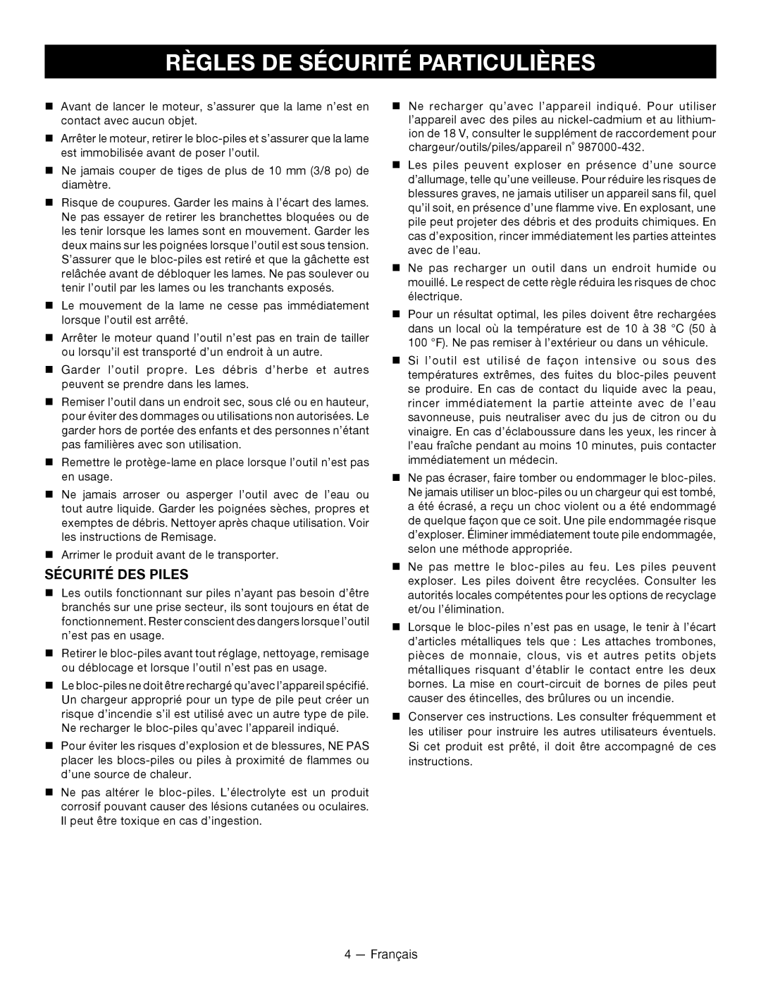 Ryobi P2605 manuel dutilisation Règles De Sécurité Particulières, Sécurité Des Piles 