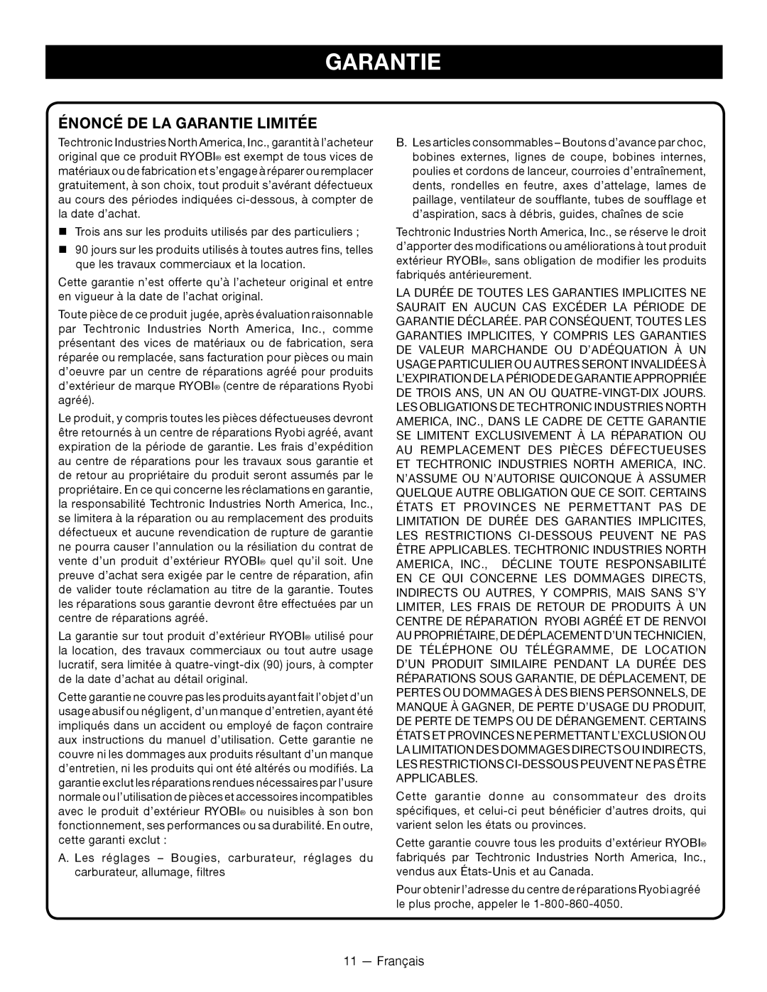 Ryobi P2605 manuel dutilisation Énoncé De La Garantie Limitée 