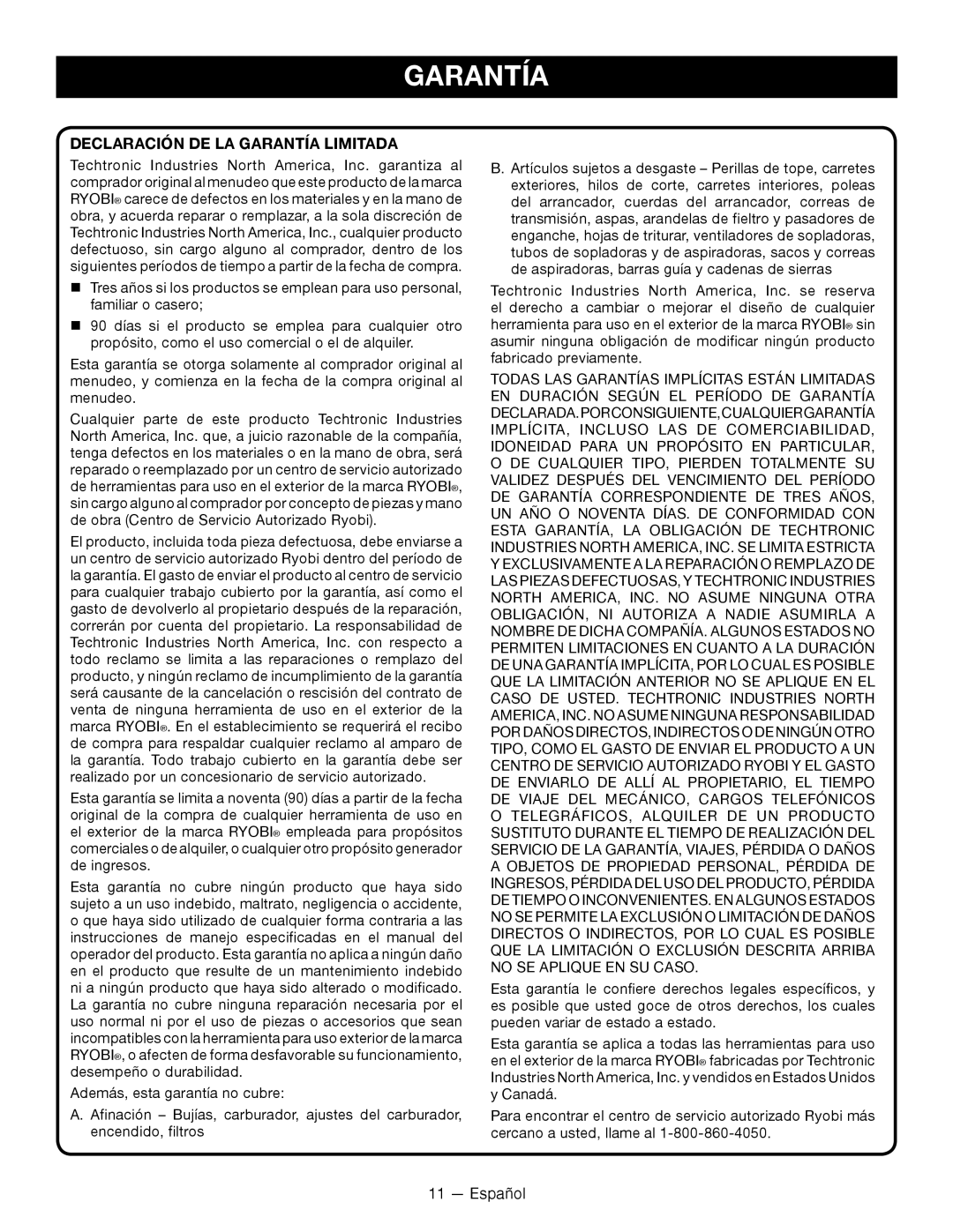 Ryobi P2605 manuel dutilisation Declaración De La Garantía Limitada 