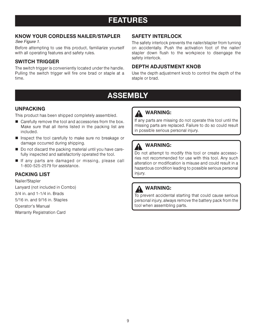 Ryobi P300 manual Features, Assembly 