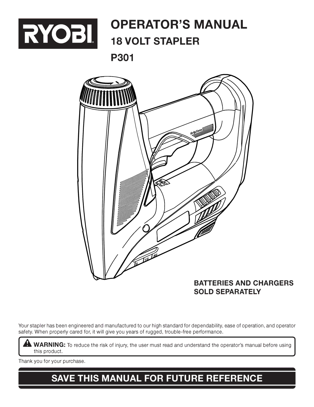 Ryobi P301 manual OPERATOR’S Manual, Save this Manual for Future Reference 