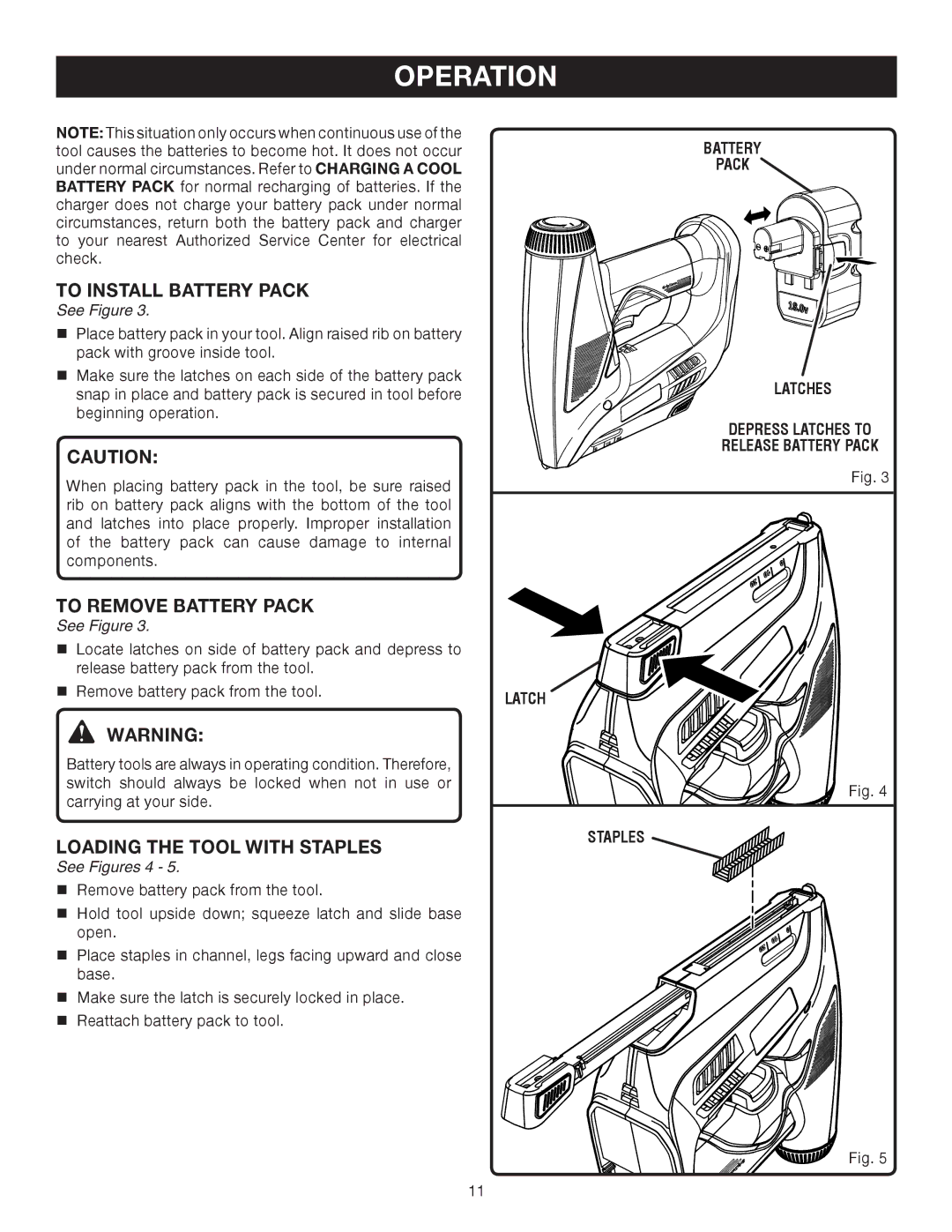 Ryobi P301 manual To Install Battery Pack, To Remove Battery Pack, Loading the Tool with Staples 