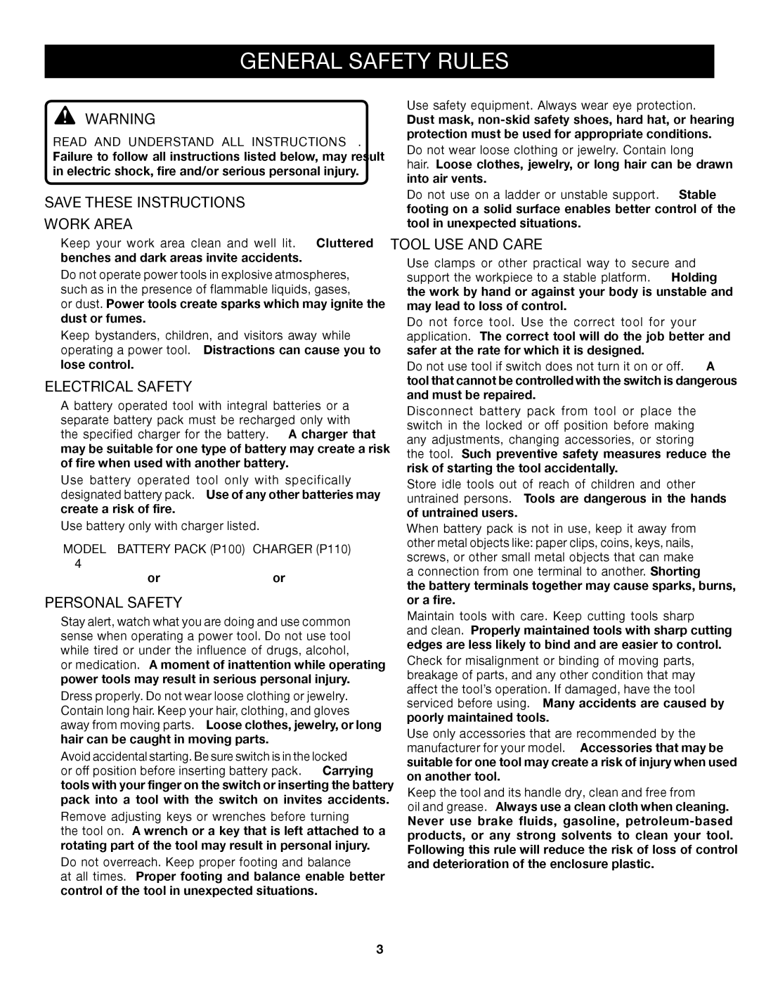 Ryobi P301 manual General Safety Rules, Work Area, Electrical Safety, Personal Safety, Tool USE and Care 