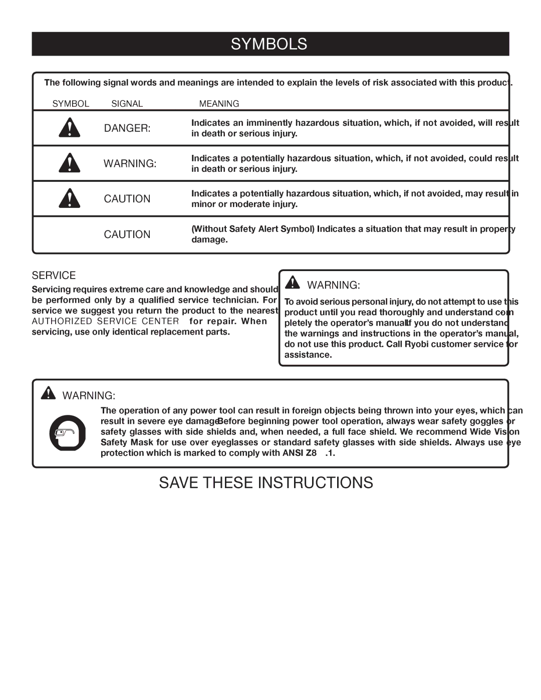 Ryobi P301 manual Symbol Signal Meaning 