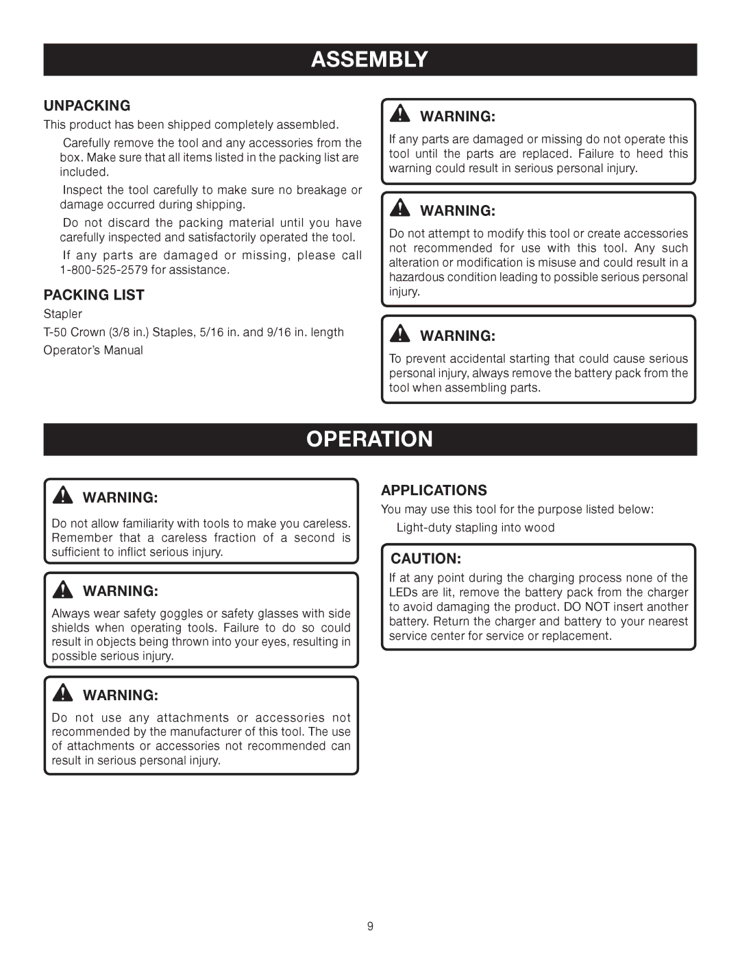 Ryobi P301 manual Assembly, Operation, Unpacking, Packing List, Applications 