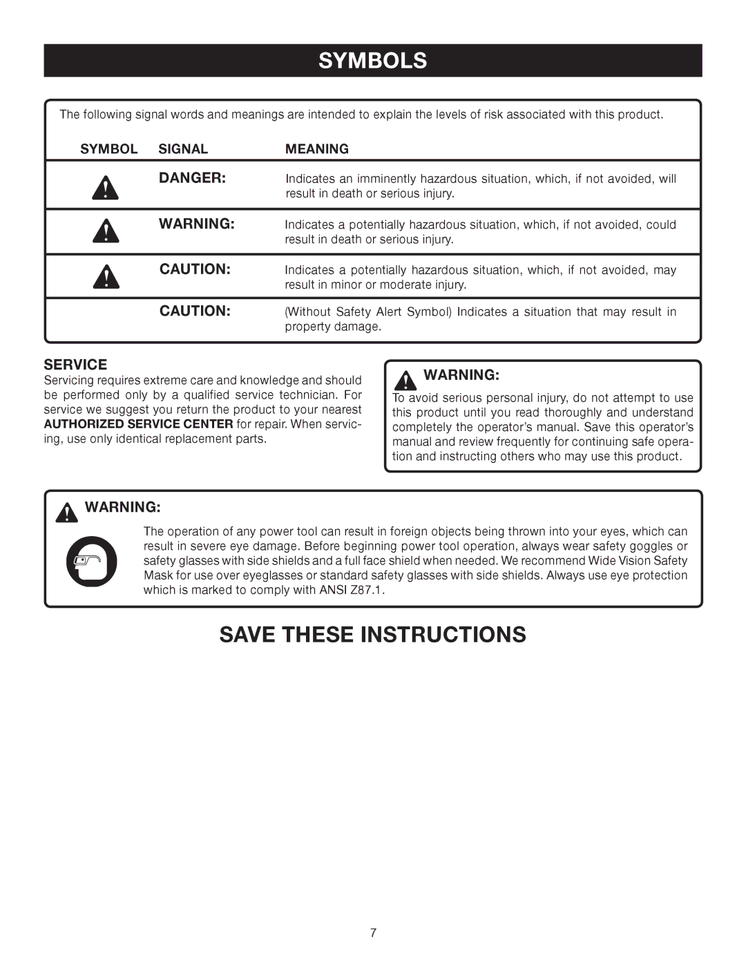 Ryobi P310 manual Symbol Signal Meaning 