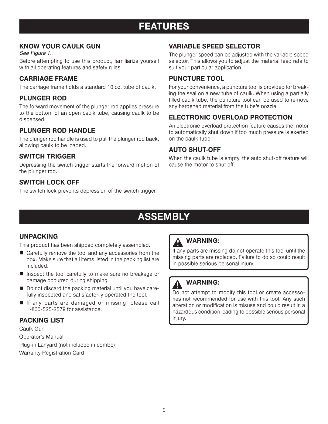 Ryobi P310 manual Features, Assembly 