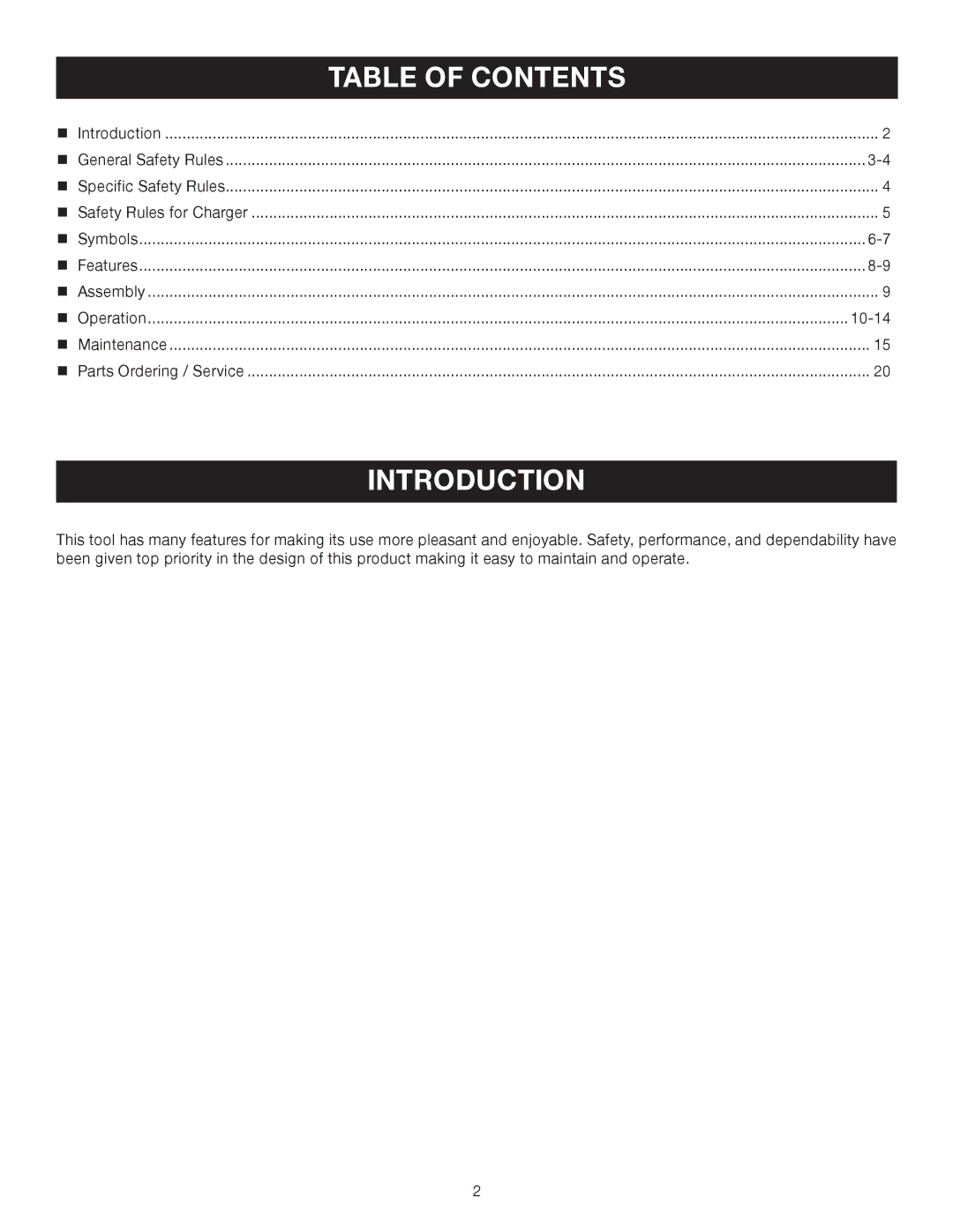 Ryobi P400 manual Introduction, Table of Contents 