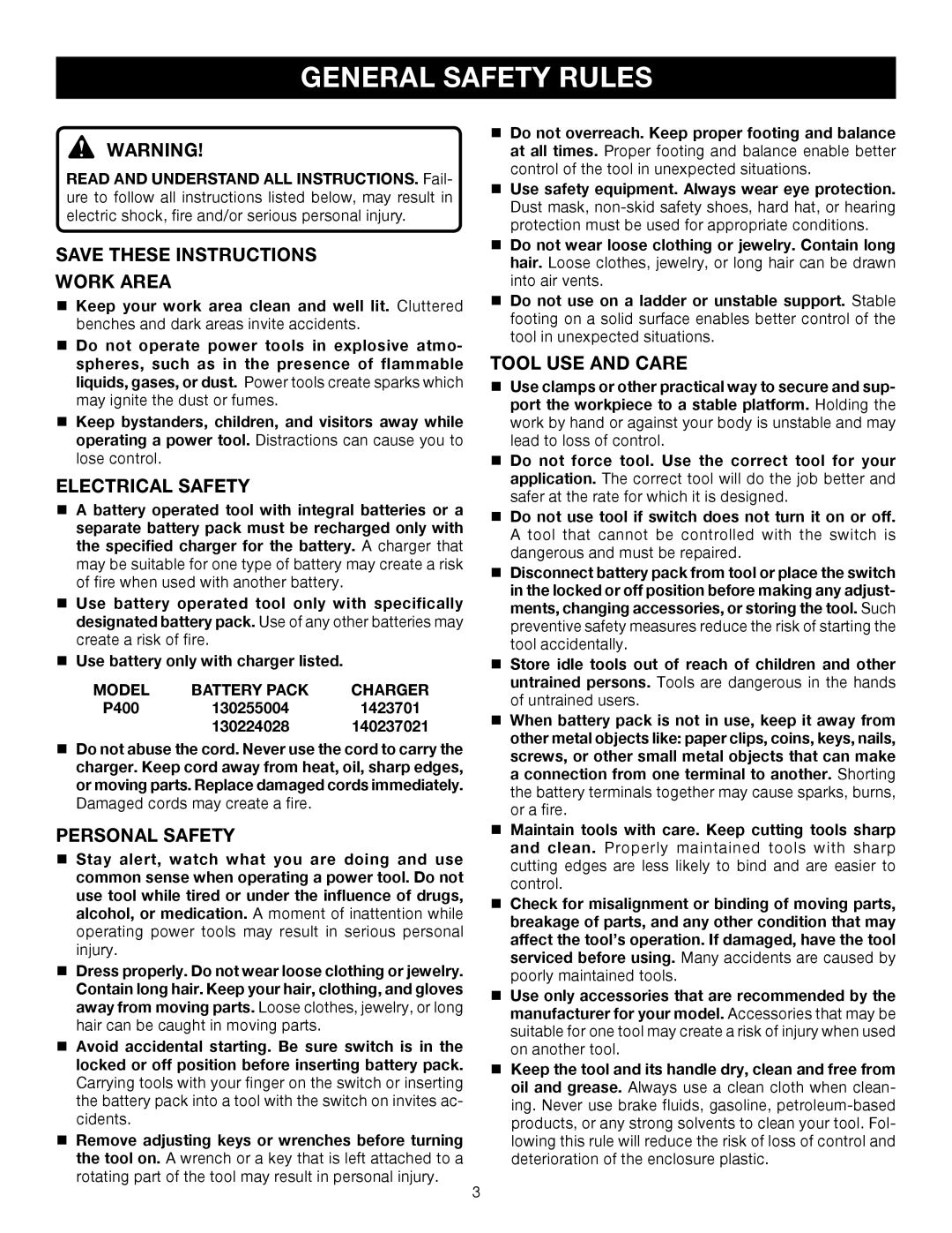 Ryobi P400 manual General Safety Rules, Work Area, Electrical Safety, Personal Safety, Tool USE and Care 