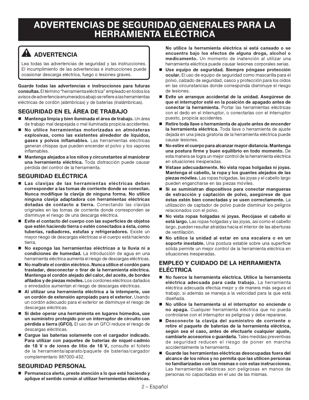 Ryobi P410 manuel dutilisation Advertencia, Seguridad en el área de trabajo, Seguridad Eléctrica, Seguridad Personal 