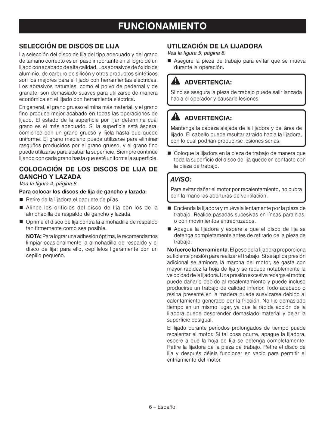 Ryobi P410 Selección DE Discos DE Lija, Colocación de los discos de lija de gancho y lazada, Utilización DE LA Lijadora 