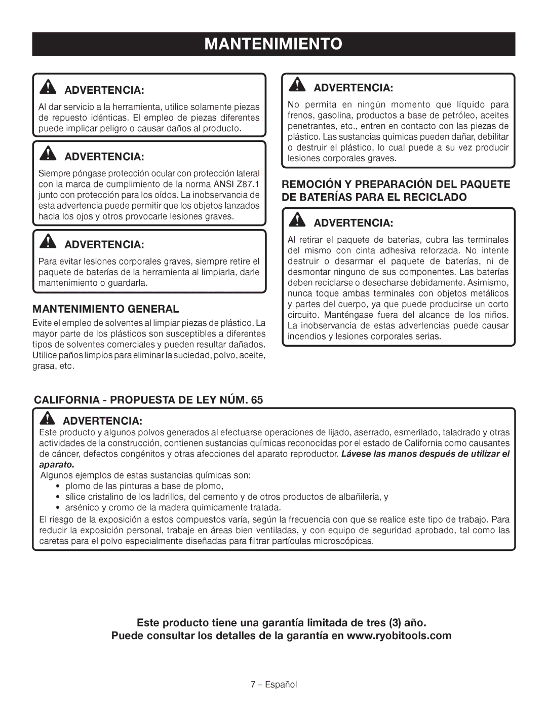 Ryobi P410 manuel dutilisation Mantenimiento General, California Propuesta DE LEY NÚM Advertencia 