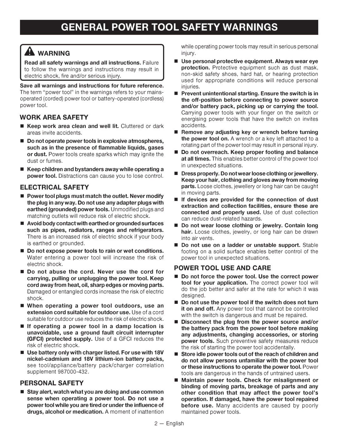 Ryobi P410 manuel dutilisation General Power Tool Safety Warnings, Work Area Safety, Electrical Safety, Personal Safety 