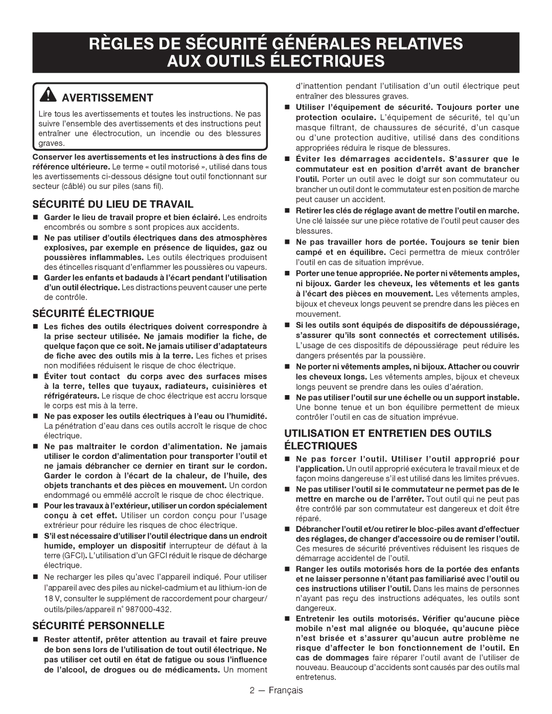 Ryobi P410 manuel dutilisation Avertissement, Sécurité DU Lieu DE Travail, Sécurité Électrique, Sécurité Personnelle 