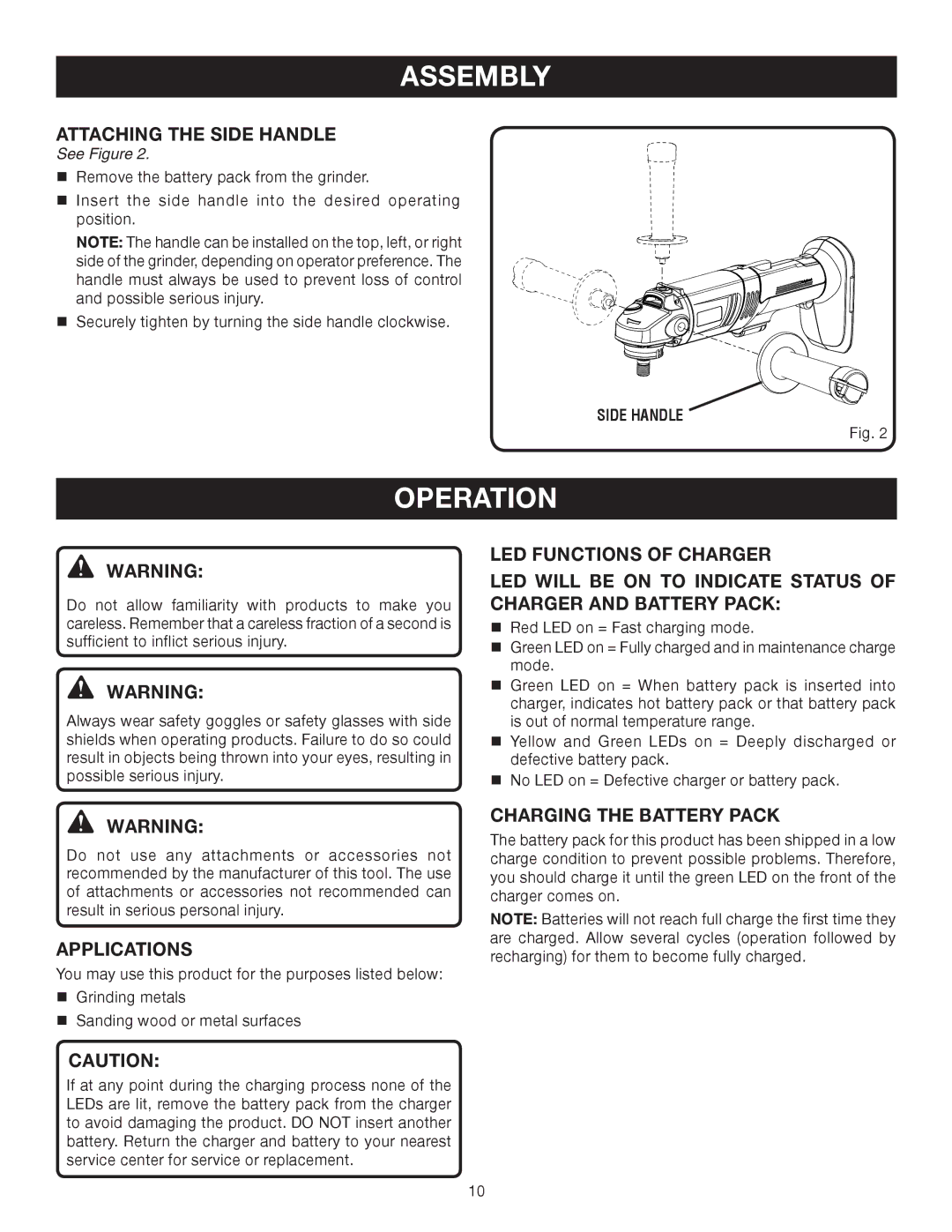 Ryobi P420 manual Operation, Attaching the Side Handle, Applications, Charging the Battery Pack 