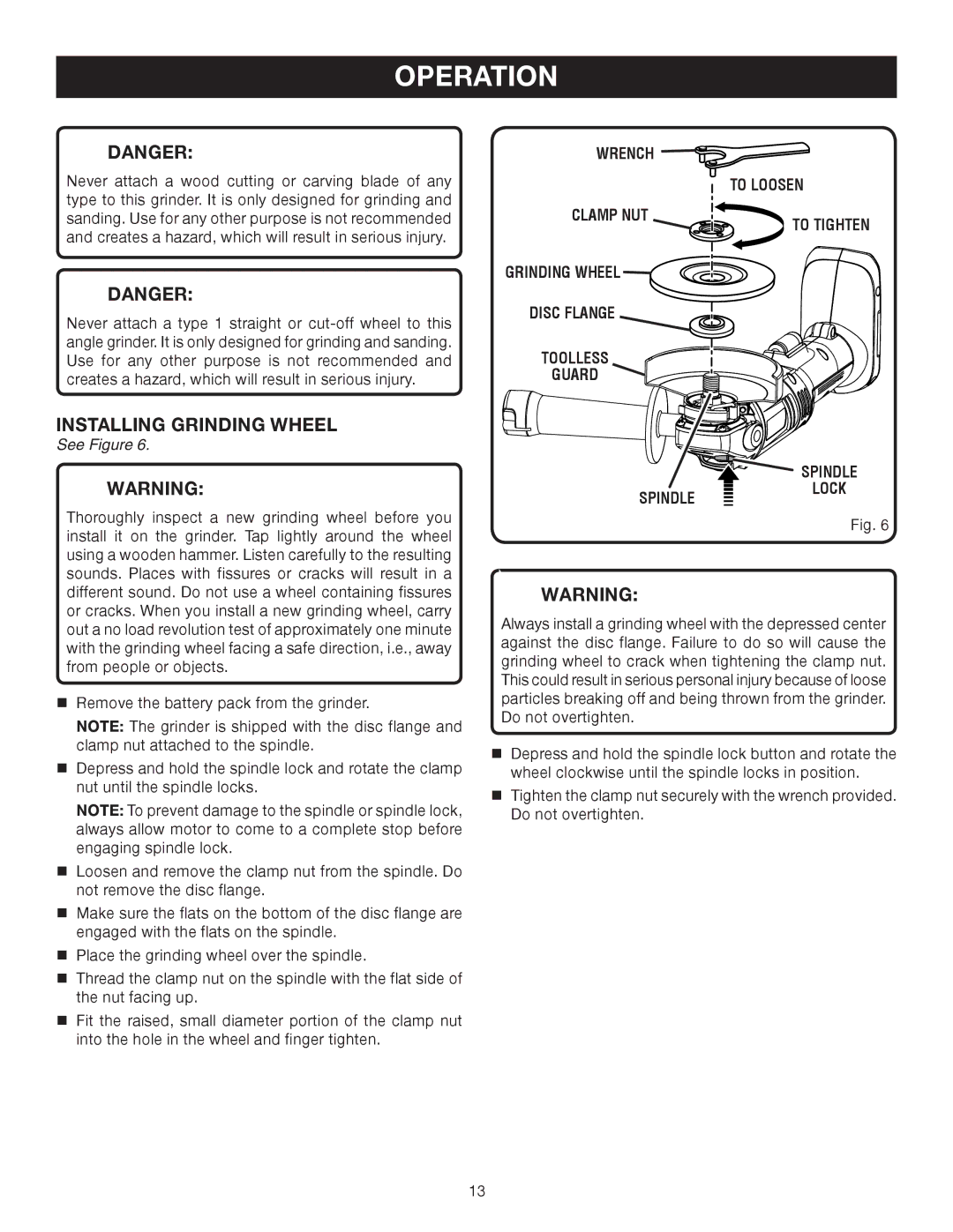 Ryobi P420 manual Installing Grinding Wheel 