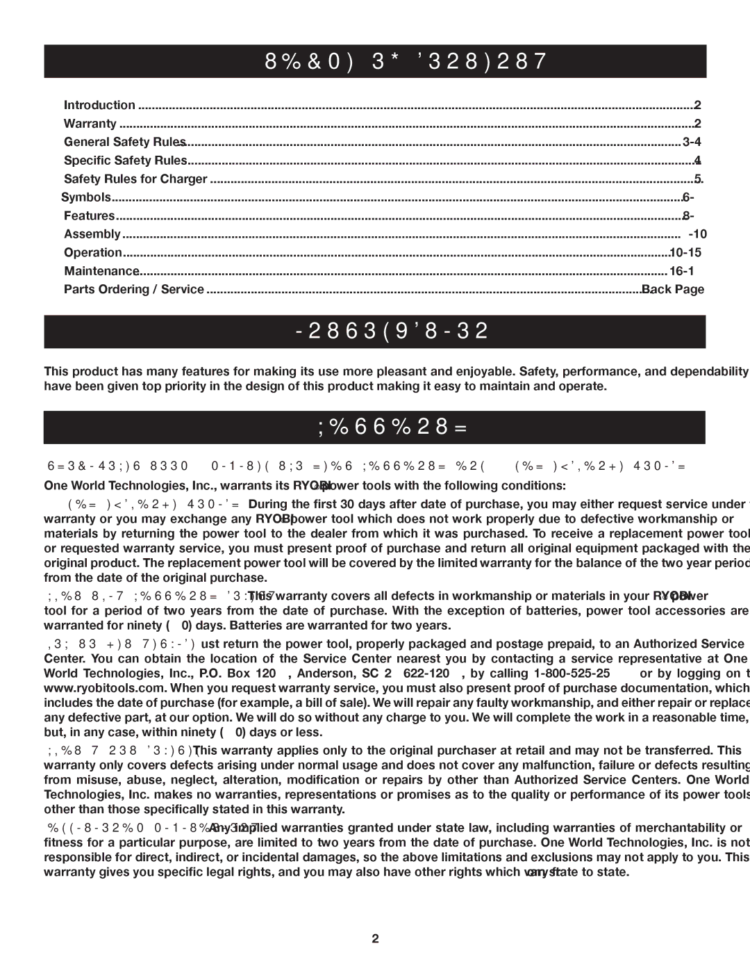 Ryobi P420 manual Introduction, Warranty 