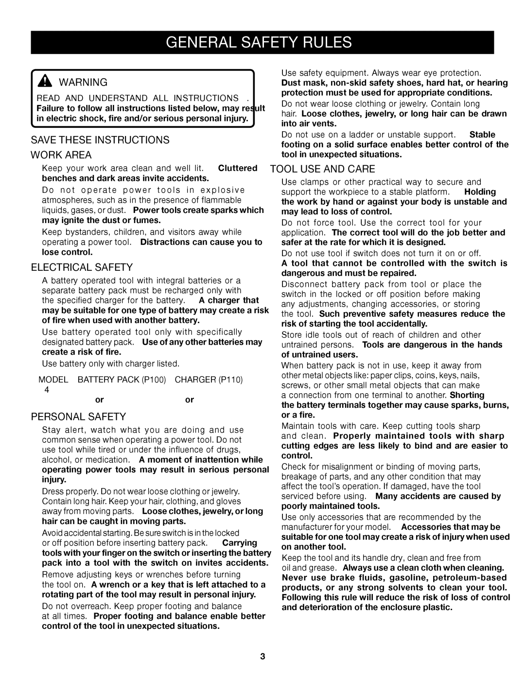 Ryobi P420 manual General Safety Rules, Work Area, Electrical Safety, Personal Safety, Tool USE and Care 