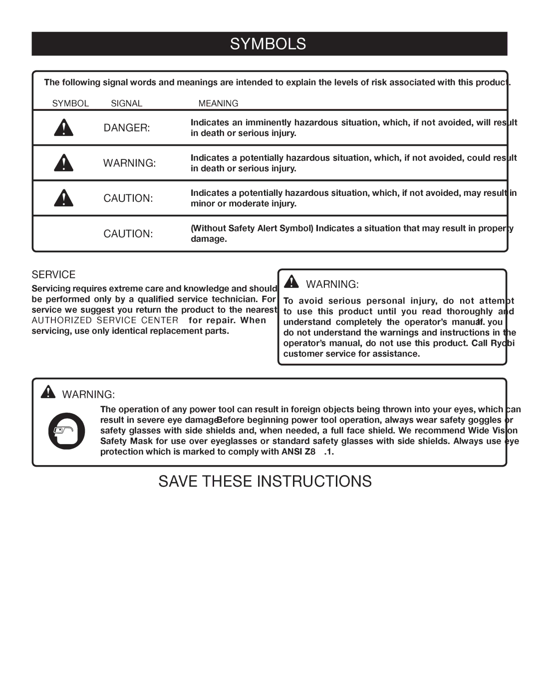 Ryobi P420 manual Symbol Signal Meaning 