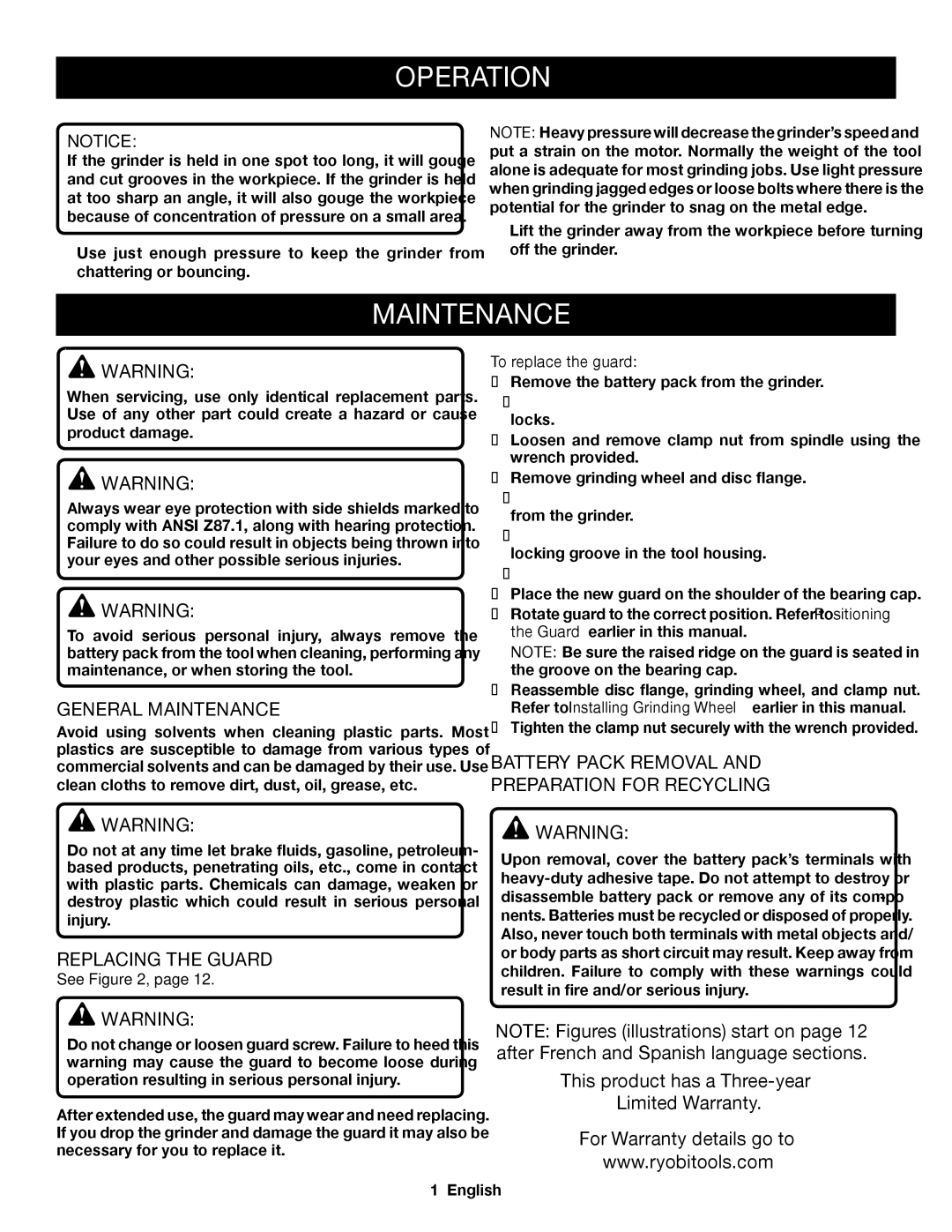 Ryobi P421 manuel dutilisation General Maintenance, Replacing the Guard, Battery Pack Removal Preparation for Recycling 