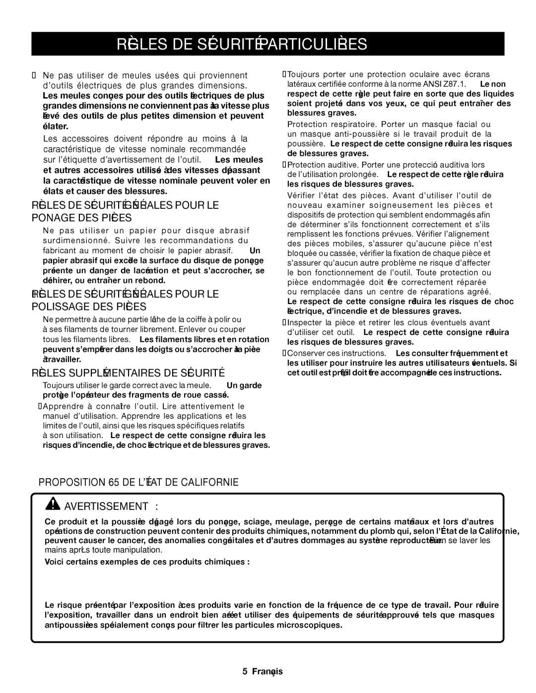 Ryobi P421 manuel dutilisation Règles DE Sécurité Générales Pour LE Ponçage DES Pièces, Règles Supplémentaires DE Sécurité 