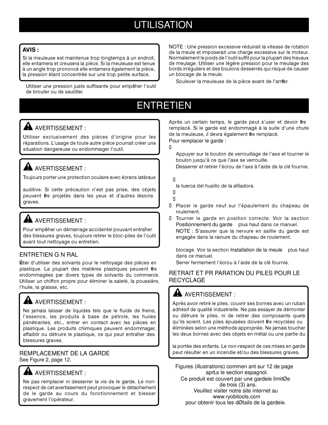 Ryobi P421 manuel dutilisation Avertissement, Entretien Général, Remplacement DE LA Garde, Pour remplacer le garde 