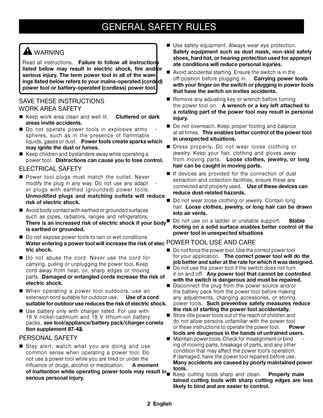 Ryobi P421 General Safety Rules, Work Area Safety, Electrical Safety, Personal Safety, Power Tool USE and Care 