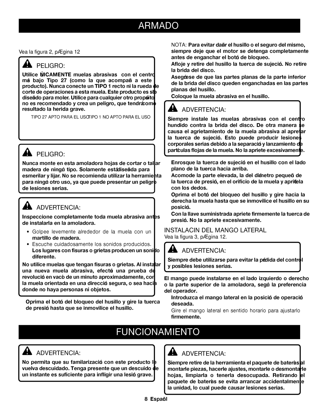 Ryobi P421 manuel dutilisation Funcionamiento, Instalación DE LAS Muelas Abrasivas, Peligro, Instalación DEL Mango Lateral 