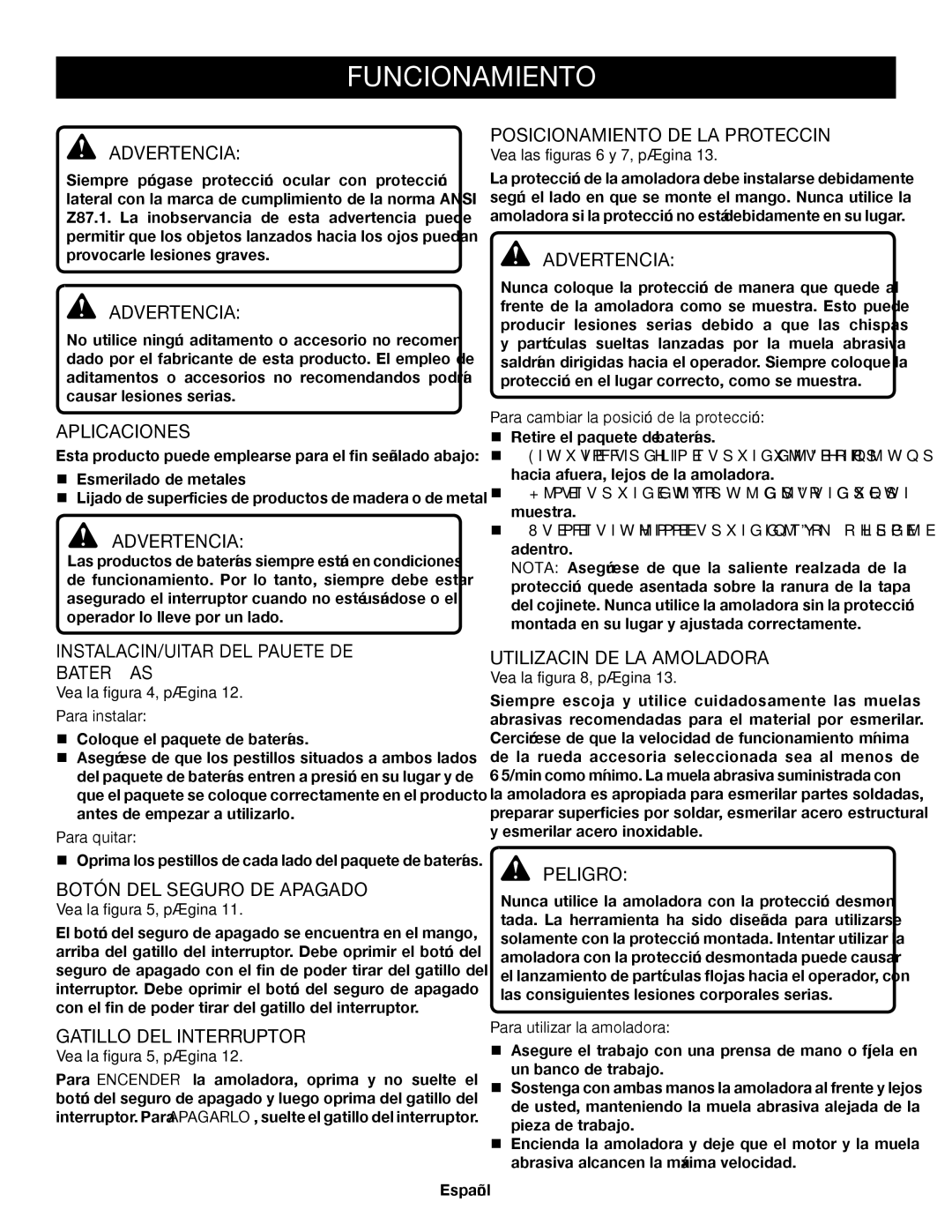 Ryobi P421 manuel dutilisation Aplicaciones, Posicionamiento DE LA Protección, INSTALACIÓN/QUITAR DEL Paquete DE Baterías 