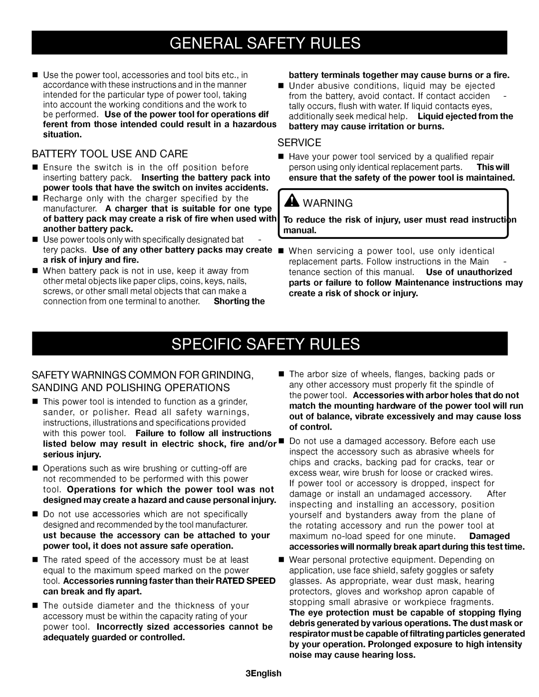 Ryobi P421 manuel dutilisation Specific Safety Rules, Battery Tool USE and Care, Service 