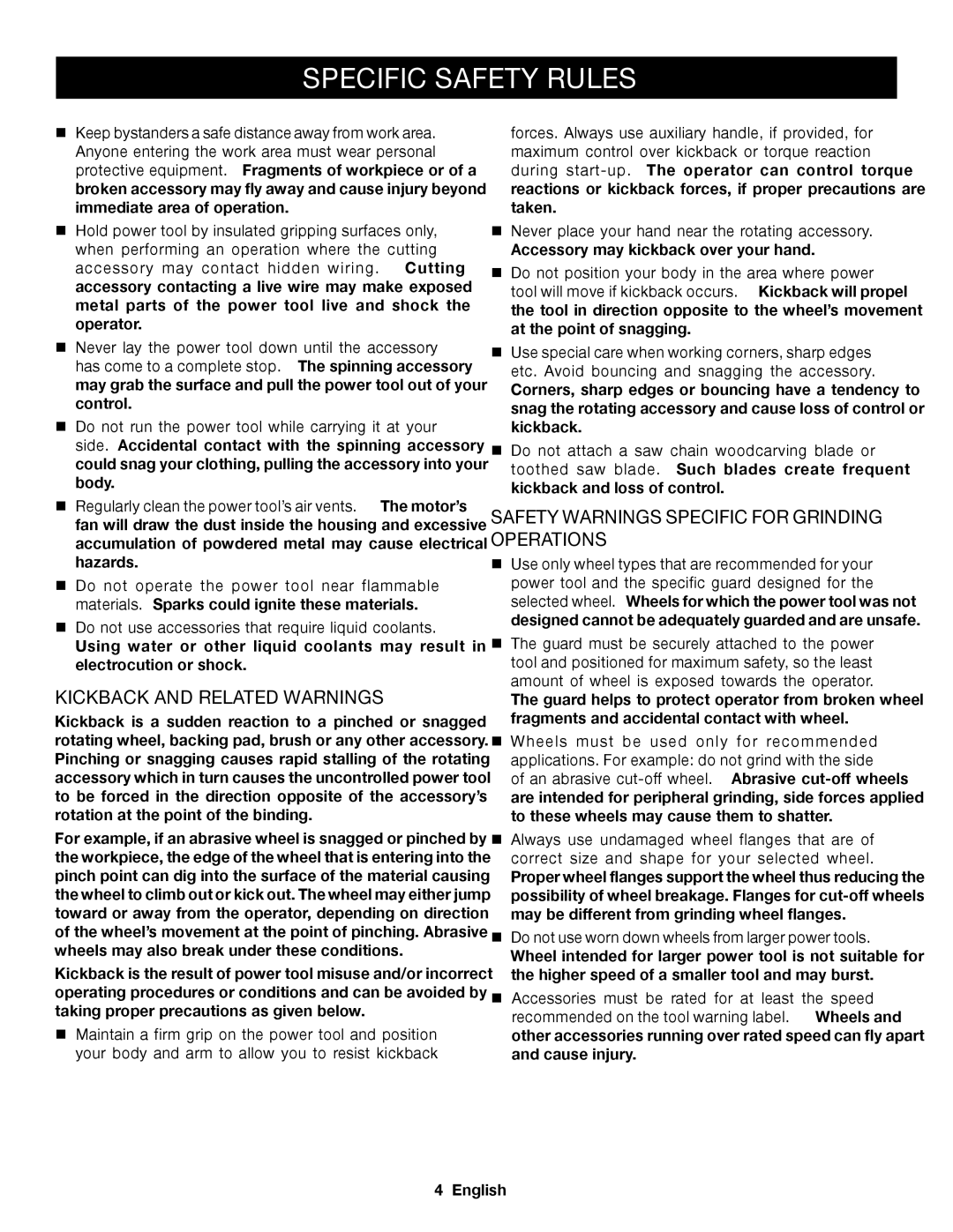 Ryobi P421 manuel dutilisation Kickback and Related Warnings, Safety Warnings Specific for Grinding Operations 