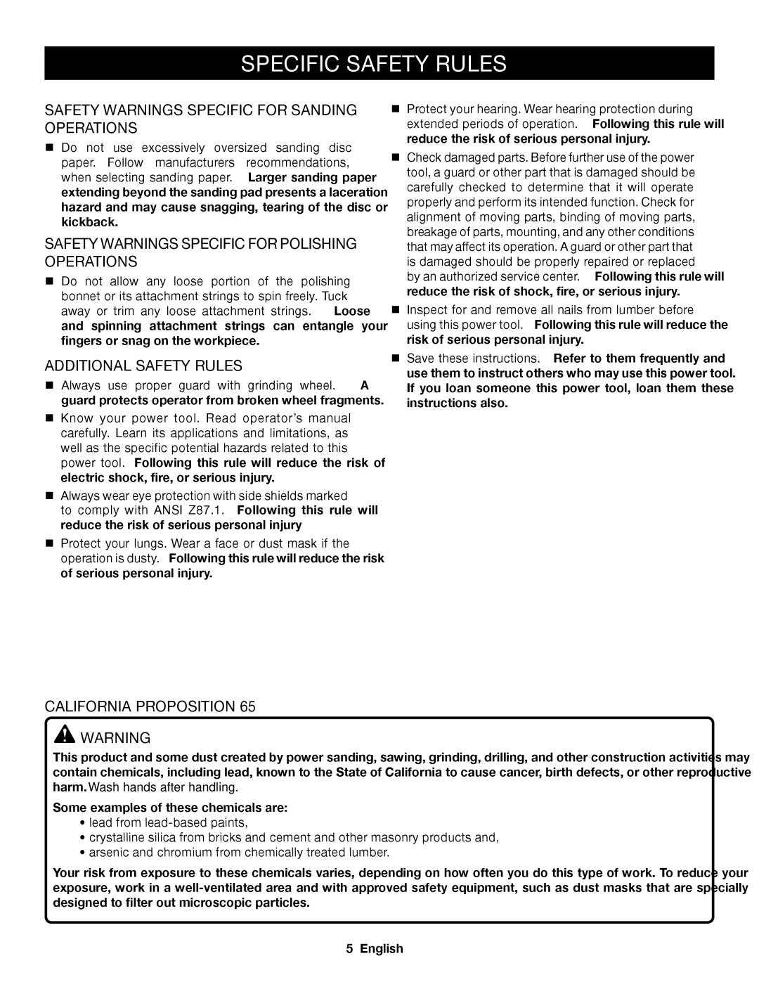 Ryobi P421 Safety Warnings Specific for Sanding Operations, Safety Warnings Specific for Polishing Operations 