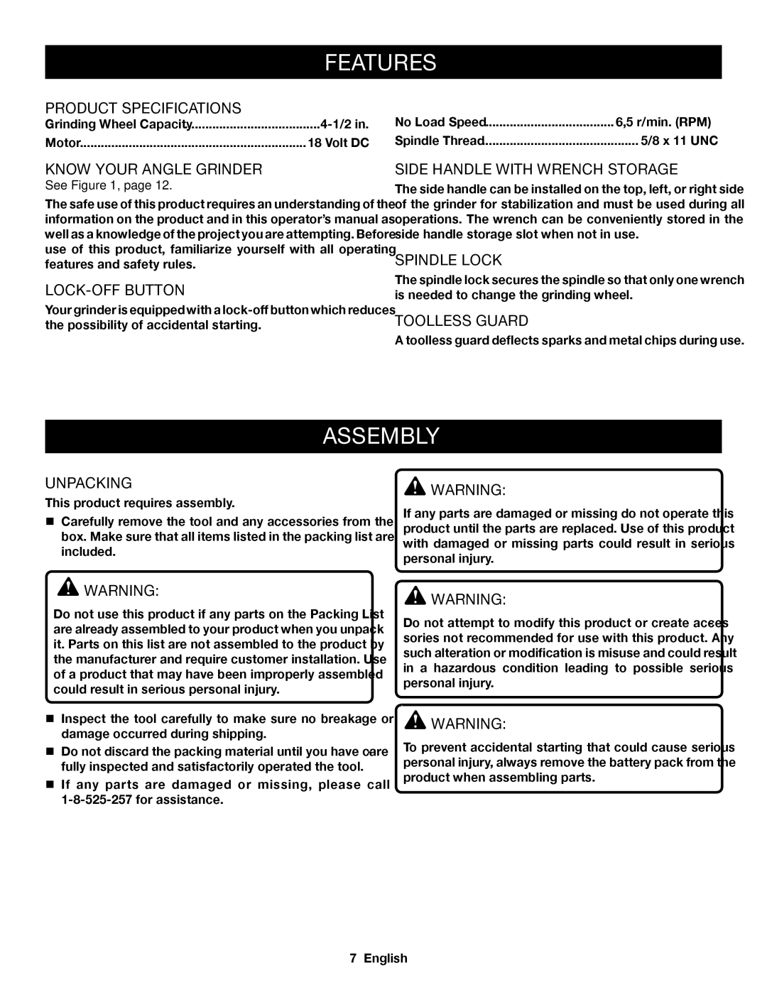 Ryobi P421 manuel dutilisation Features, Assembly 