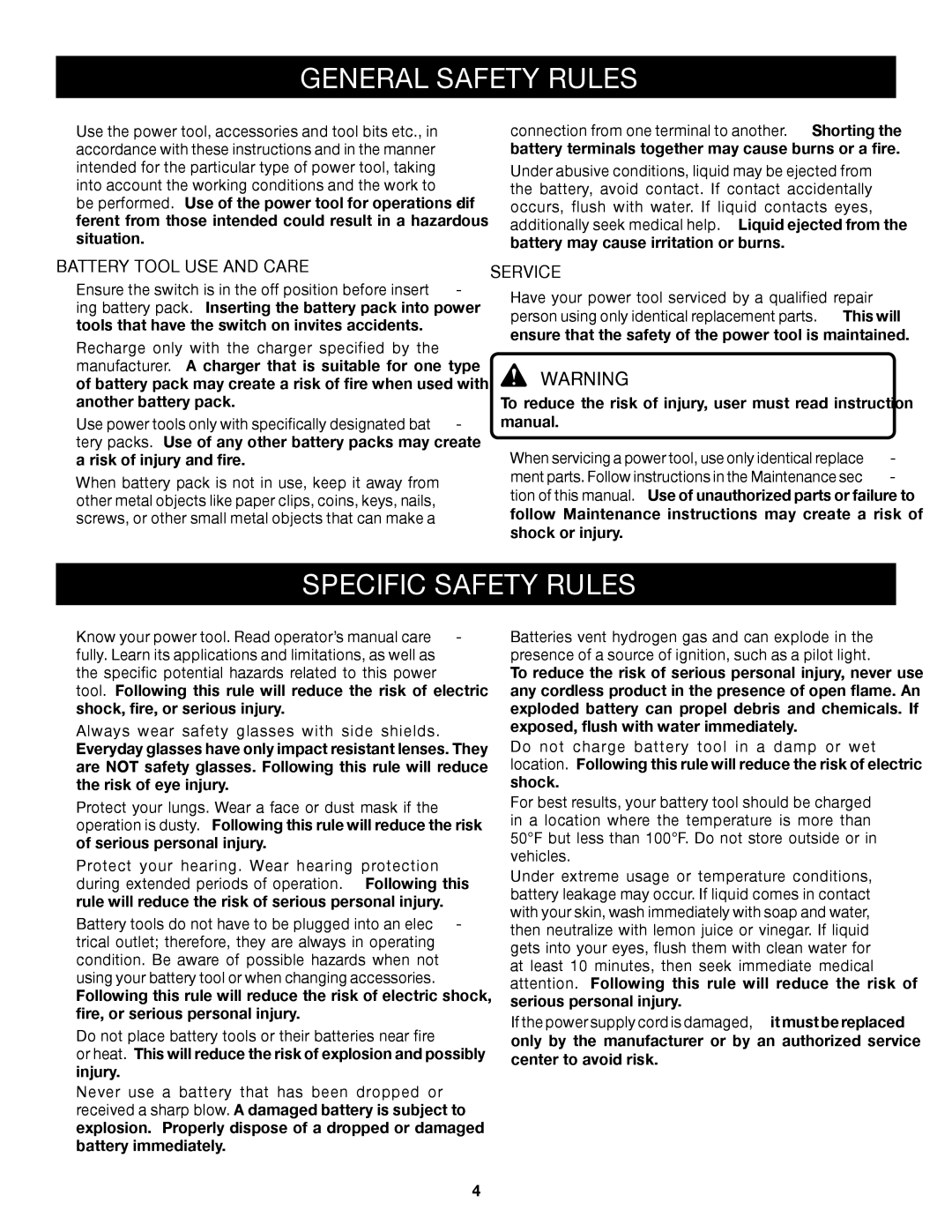 Ryobi P430 manual Specific Safety Rules, Battery Tool USE and Care 